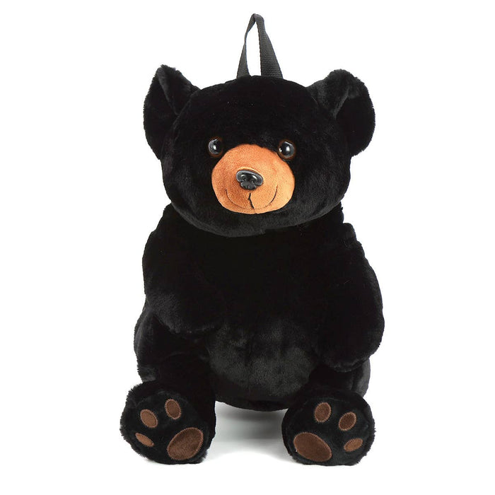 Black bear plush backpack facing forward with amber muzzle and embroidered paw pads, white background