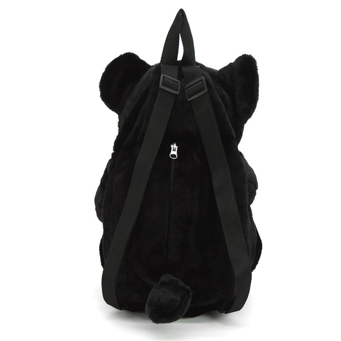 Front view of black bear plush backpack standing upright showing full bear face, amber muzzle, and paw pad details, white background