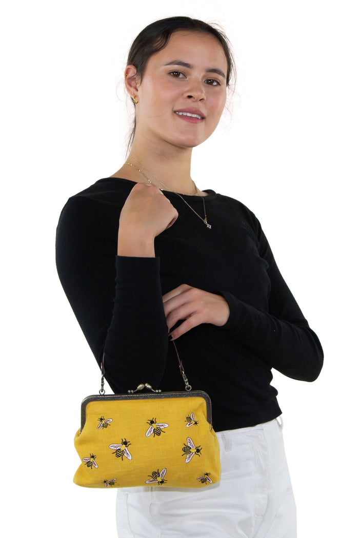 Bees kisslock bag side view showing 9.5 inch length with detachable 26 inch chain shoulder strap by GoodStuff Co