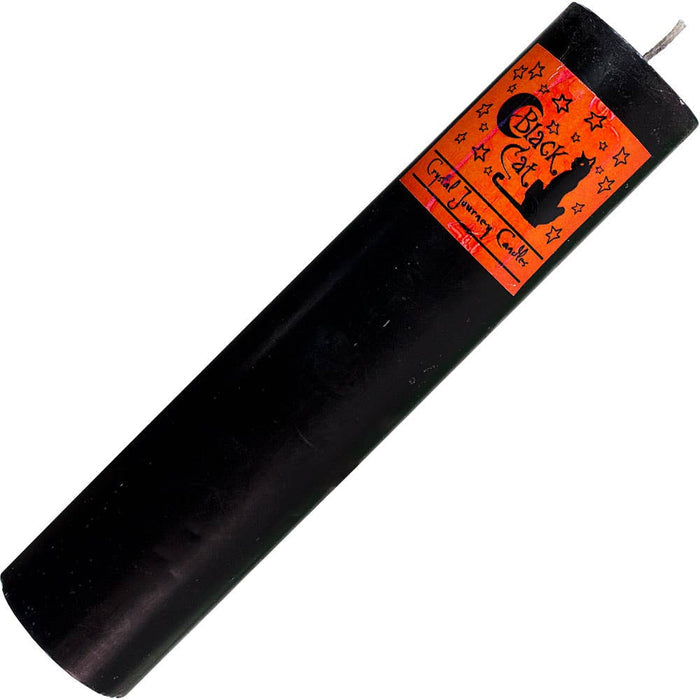 Black candle with orange label featuring a black cat design on a white background
