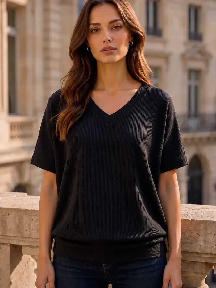 Black Ribbed Ruched Top