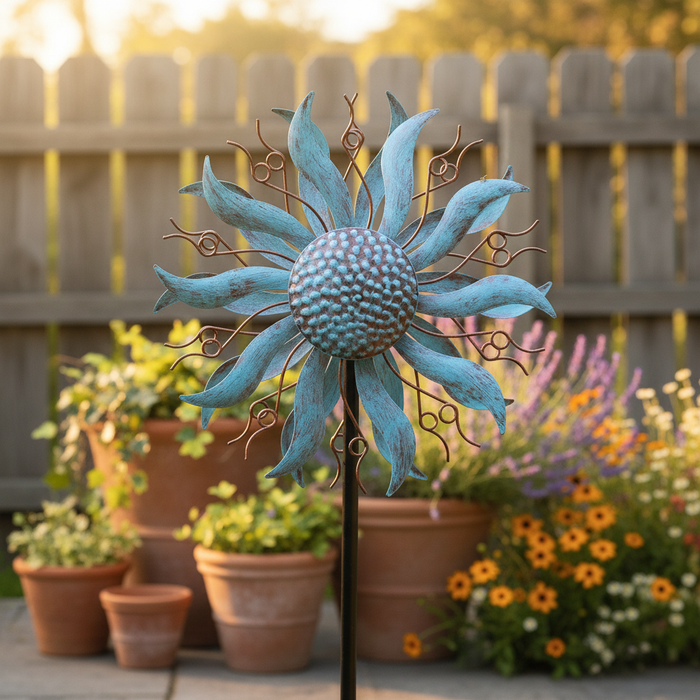 Blue and bronze coneflower kinetic wind spinner garden stake with close-up of petal and bronze accent detail