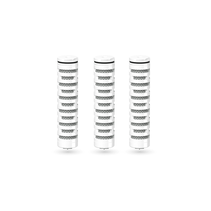 Three cylindrical containers with striped patterns on a white background