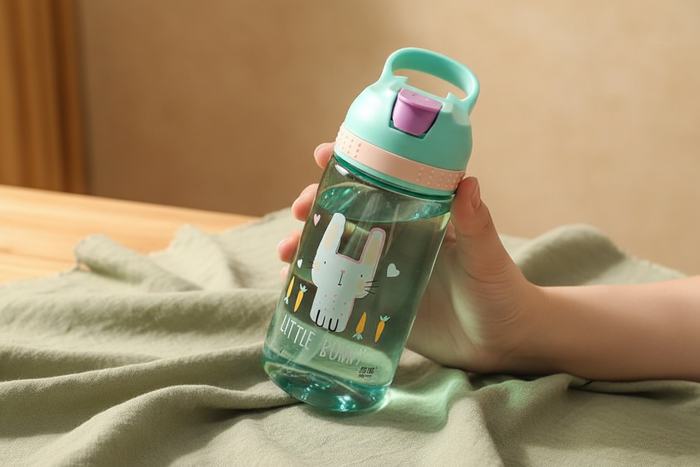 Kids animal cartoon water bottle with pop-up straw on warm earthy sage linen surface