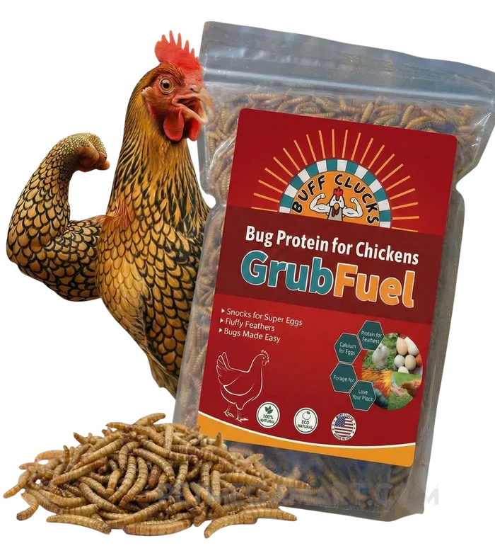 Buff Clucks GrubFuel black soldier fly larvae treat for chickens in a 1 lb resealable bag