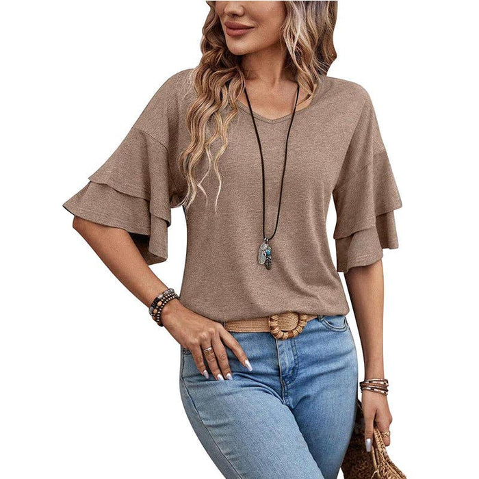 Camel Ruffle Sleeve V Neck Top