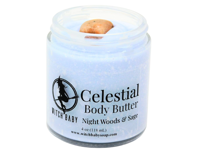 sky blue body butter in a 4 oz glass jar topped with a sunstone gemstone with a clear label that reads: Celestial Body Butter. Night woods & Sage.