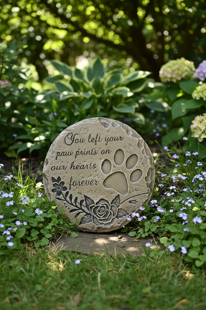 Rose pet memorial stone in peaceful garden setting