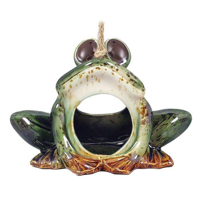 Handcrafted glazed ceramic frog birdfeeder with round opening and jute rope hanger, front view on white background, 8 inches wide"