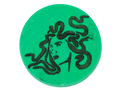 Green circular object with medusa airbrush on a white background