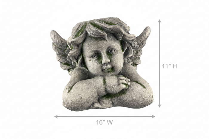 Winged cherub garden planter in distressed stone finish on white background with Dimensions