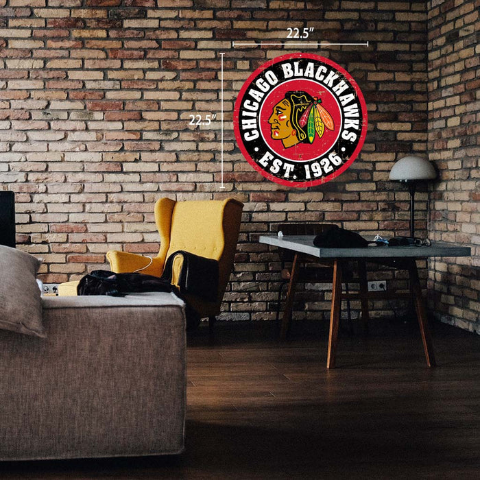 Chicago Blackhawks Sign - 22" Round Distressed Logo