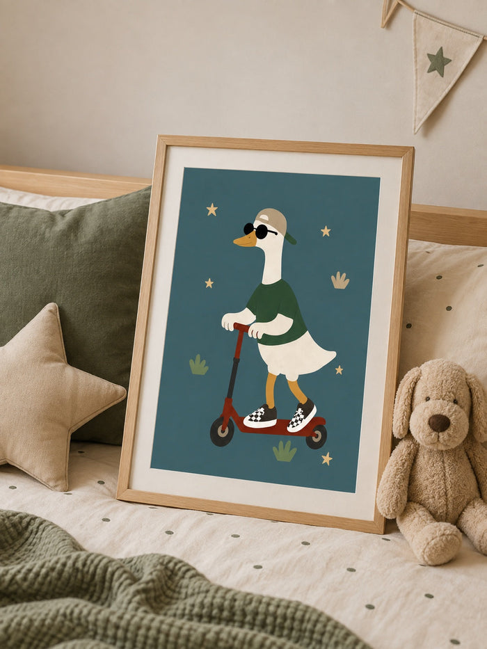 Cool Kids Club goose on scooter poster styled on a bed