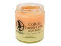 orange and yellow body butter topped with yellow agate in a 4 oz glass jar with a clear label that reads: Cotton Candy Corn Body Butter. Cotton Candy & Candy Corn.