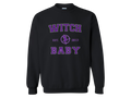black crew neck sweatshirt with witch baby established 2013 written in collegiate style