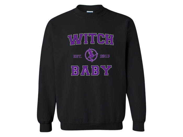 black crew neck sweatshirt with witch baby established 2013 written in collegiate style
