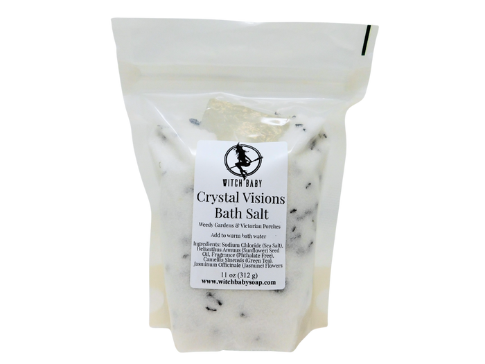 Crystal Visions bath salt in a stand up clear biodegradable pouch with label that says Crystal Visions Bath Salt, Weedy Gardens & Victorian Porches, directions for use and ingredients