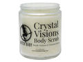 thick white body scrub in a glass jar with a label that reads Crystal Visions Body Scrub. Weedy Gardens & Victorian Porches.