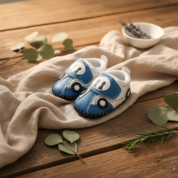 Cute baby boy shoes on a warm natural wood surface with soft linen and dried botanicals