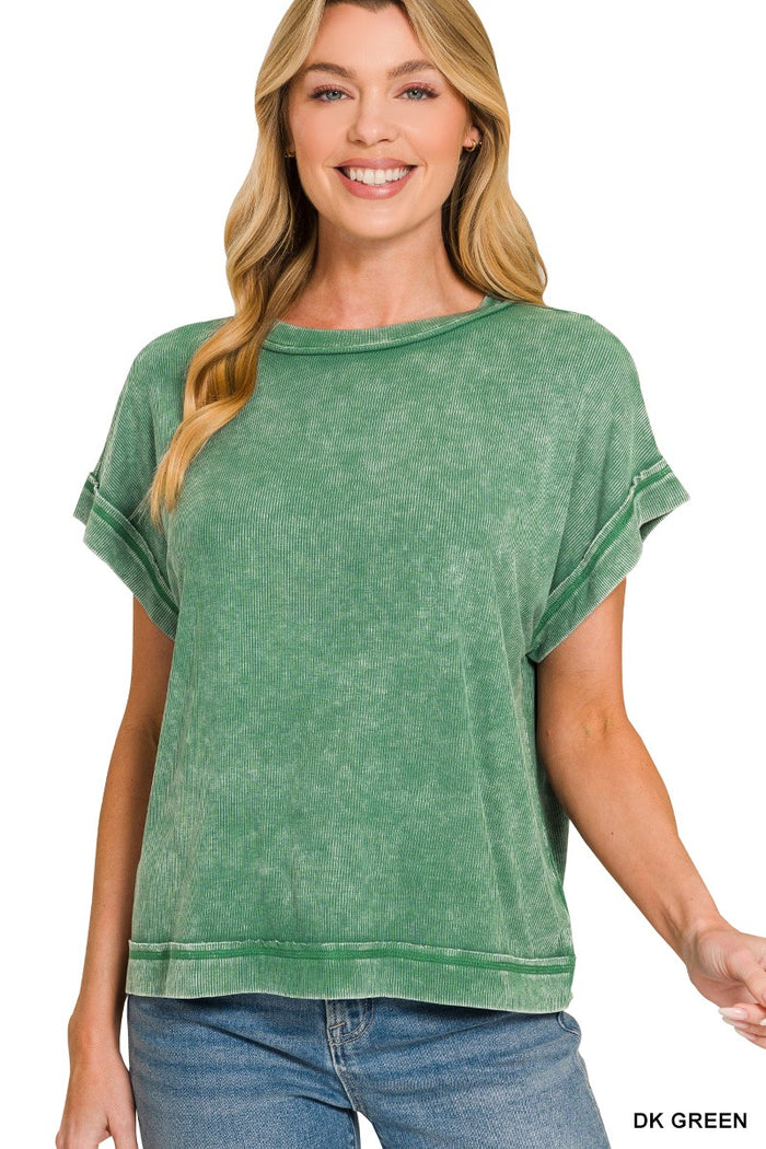 Dark Green Ribbed Acid Washed Top - Posh West Boutique