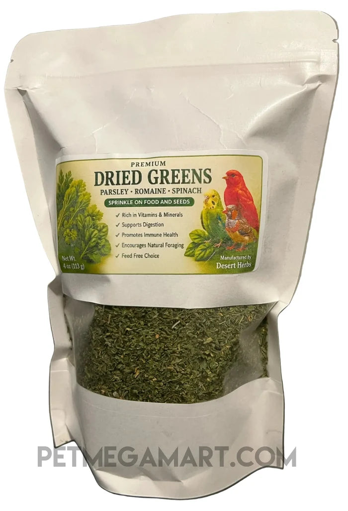 Desert Herbs Premium Dried Greens 4 oz with parsley, romaine and spinach for companion birds