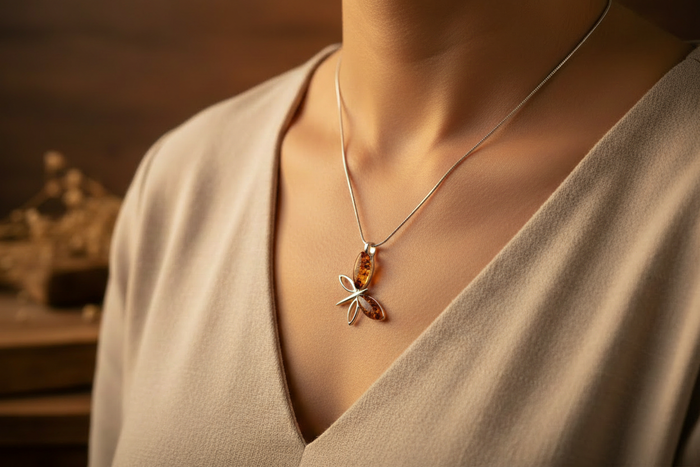 Sterling silver dragonfly amber pendant necklace worn by a woman in a cream v-neck top against a warm golden background