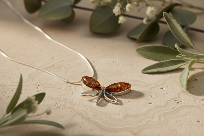 Sterling silver dragonfly amber pendant necklace laid flat on a stone surface surrounded by eucalyptus sprigs and white flowers