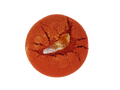 circular red bath bomb witih citrine pressed into it. Topped with gold glitter.