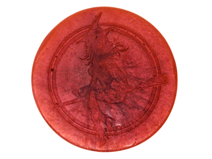 Round red soap with witch baby logo