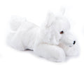 Earth Keeperz arctic fox plush lying flat with all-white fur, fluffy tail curled up, and embroidered amber eye, white background