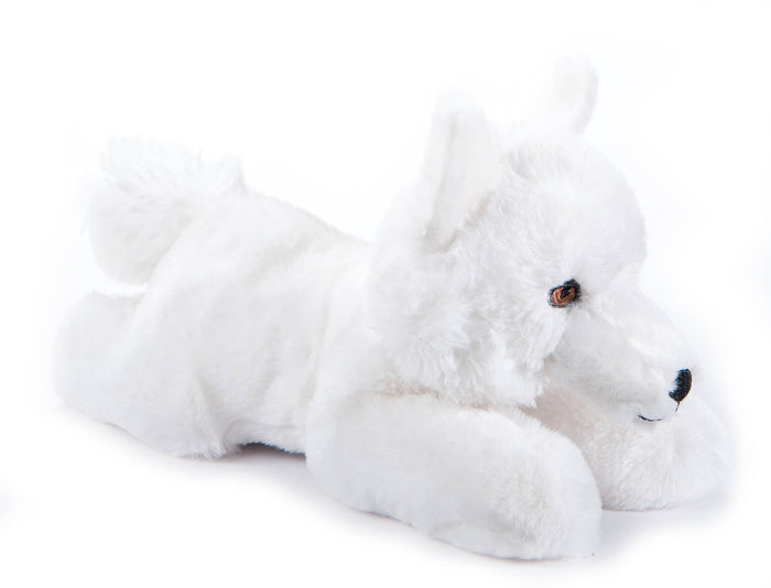 Earth Keeperz arctic fox plush lying flat with all-white fur, fluffy tail curled up, and embroidered amber eye, white background