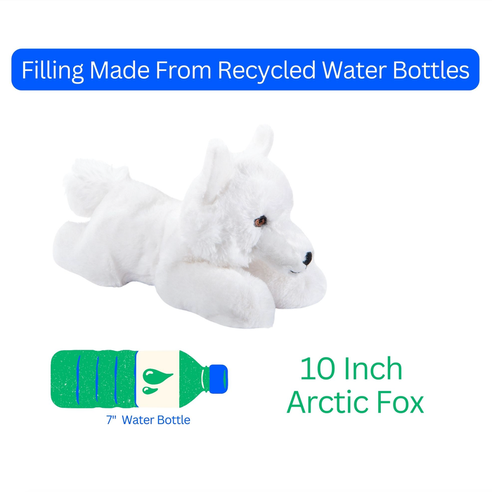 Infographic showing Earth Keeperz 10-inch arctic fox plush made from recycled water bottles with size comparison to a 7-inch water bottle