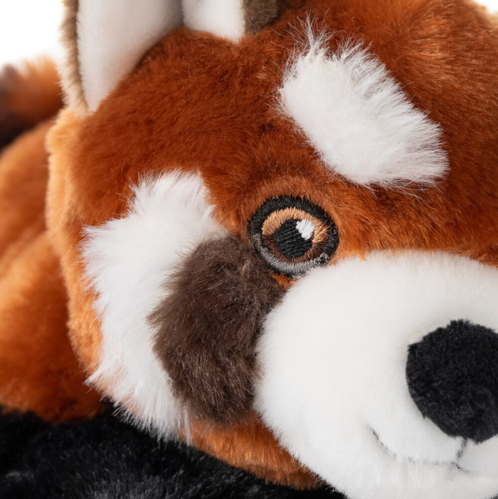 Back view of Earth Keeperz red panda plush sitting upright showing ringed brown and black tail, white background