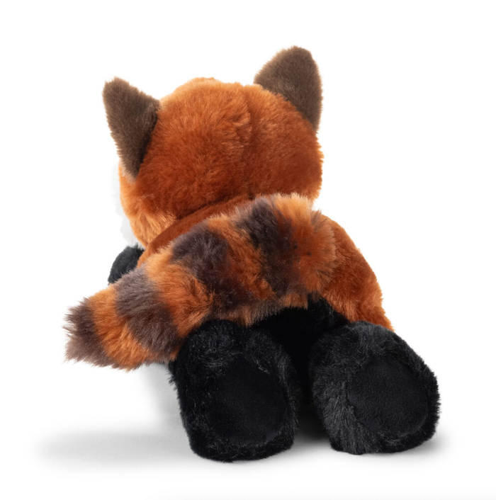 Front view of Earth Keeperz red panda plush lying flat with face forward showing white ear markings and embroidered eyes, white background