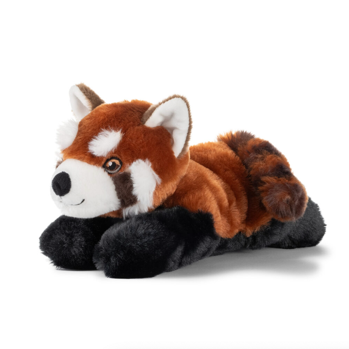 Infographic showing Earth Keeperz 10-inch red panda plush made from recycled water bottles with size comparison to a 7-inch water bottle