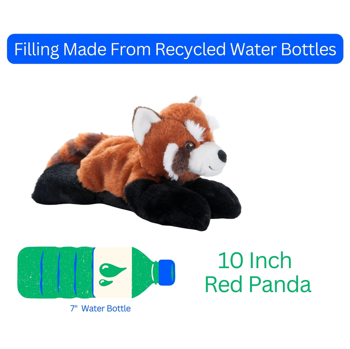 Infographic showing Earth Keeperz red panda plush features — durable stitches, eco-friendly fill, and ultra-soft plush construction