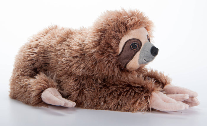 Earth Keeperz sloth plush lying flat on a white surface with posable arms extended forward, showing shaggy brown and tan fur