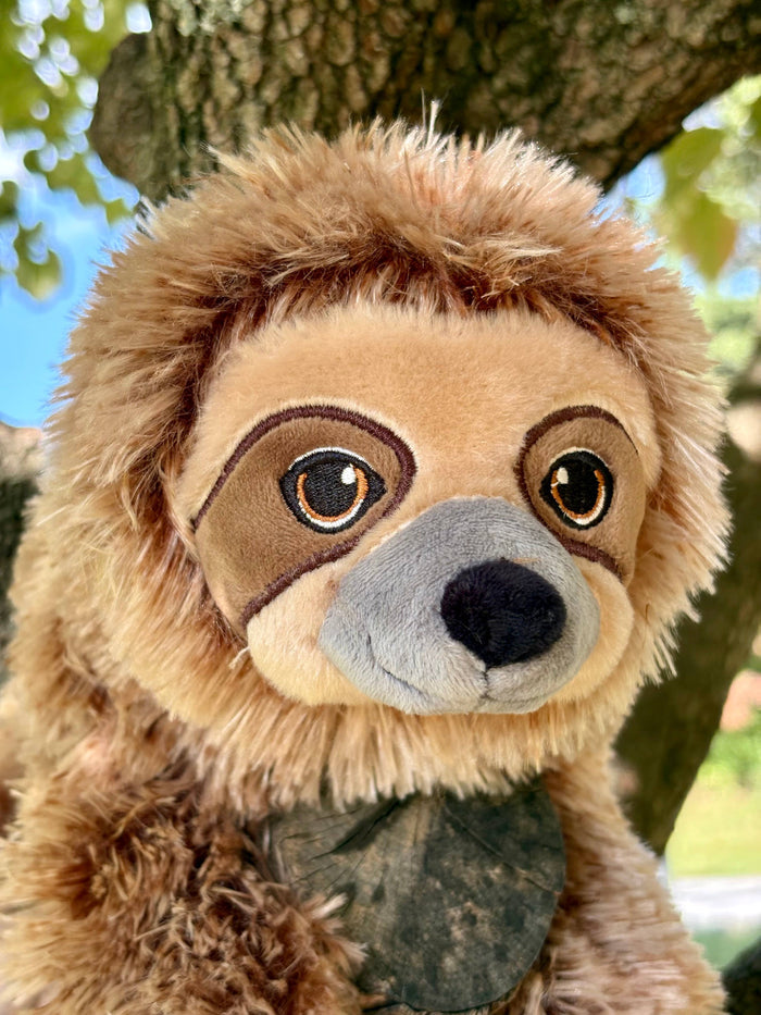 Close-up of Earth Keeperz sloth plush face showing detailed hand-embroidered amber eyes and soft grey muzzle, photographed outdoors in a tree