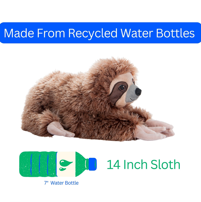 Infographic showing Earth Keeperz 14-inch sloth plush made from recycled water bottles with size comparison to a 7-inch water bottle