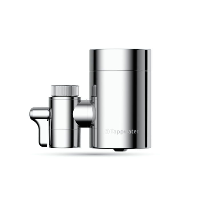 The EcoPro Chrome SMR is a silver cylindrical water filter with a side lever attachment and the Tappwater brand on its main body, shown against a white background.
