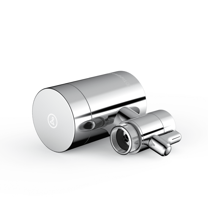 The EcoPro Chrome SMR, a sleek cylindrical chrome water filter with a small logo on its end and matching metallic attachment, is displayed on a white background.