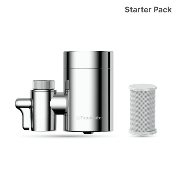 An EcoPro Chrome SMR faucet water filter with a chrome finish and a separate cylindrical filter cartridge are displayed side by side on a white background, with "Starter Pack" in the top right corner.