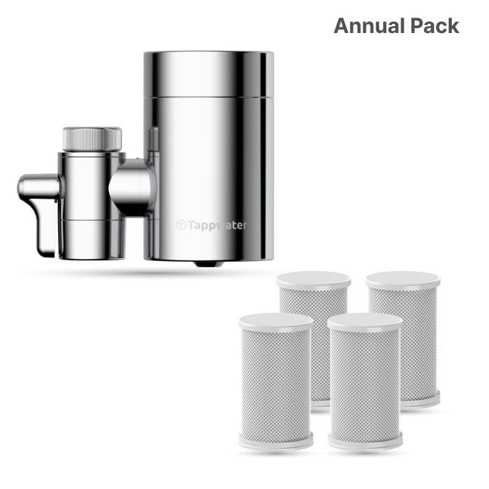 The EcoPro Chrome SMR faucet water filter and four replacement cartridges are displayed on a white background, with "Annual Pack" written in the top right corner.