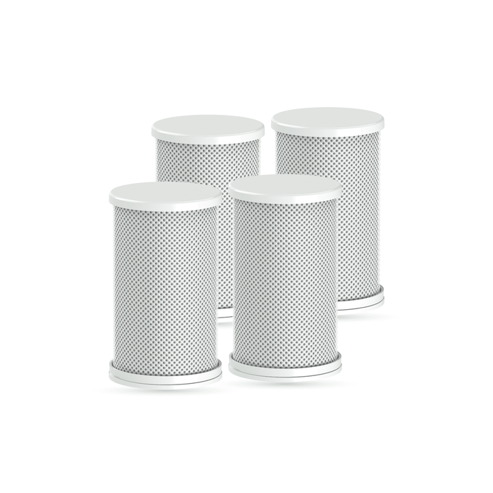 Four cylindrical air filter cartridges on a white background