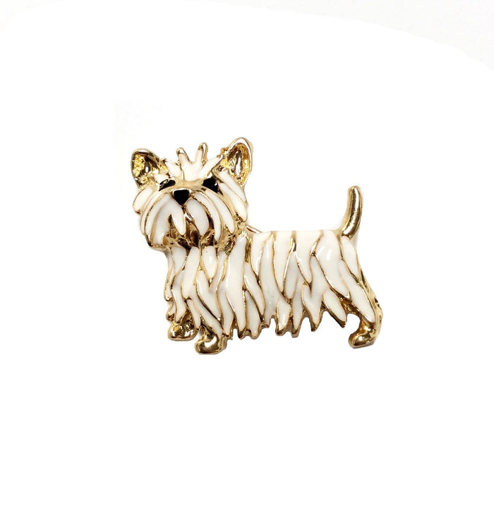 White enamel and gold tone Westie terrier brooch lapel pin on white background, full side view showing fluffy coat detail