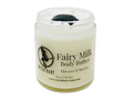 white body butter packaged in a glass 4 oz jar topped with a moss agate. Label reads: Fairy Milk Body Butter. Flowers & Berries.