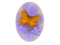 clear oval soap with gold butterfly and purple roses.