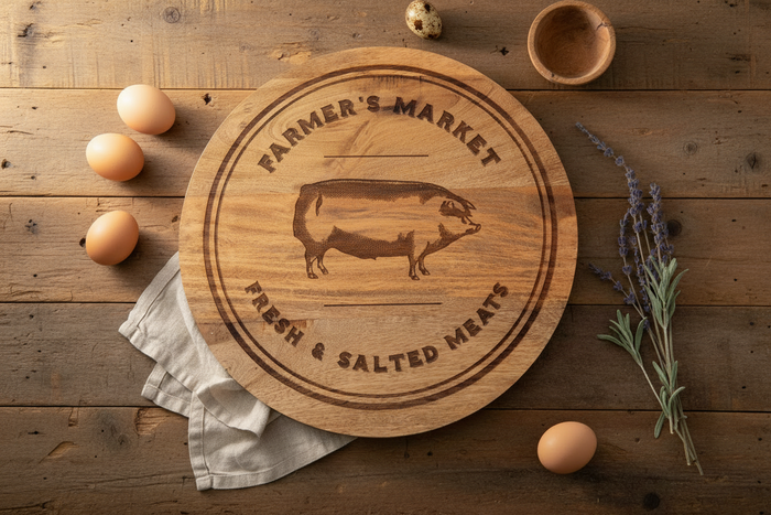 Farmer's Market lazy susan rustic wood spinning turntable with hand-painted pig motif and farmhouse lettering, 18-inch diameter, natural wood grain finish — farmhouse kitchen and dining table centerpiece by CTW Home Collection