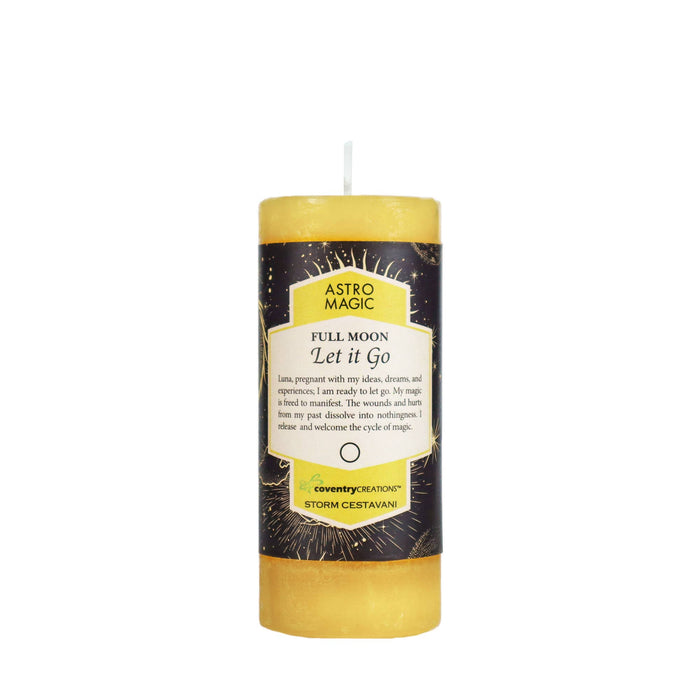 A beige Astro Magic Full Moon 'Let it Go' candle with a label detailing the product name and scent, placed against a white background.