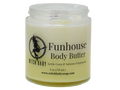 A jar of Witch Baby Funhouse Body Butter with a clear label featuring black text and a witch silhouette logo, set against a plain white background.